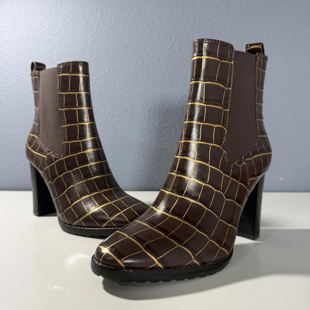 Lauren Ralph Lauren Mylah Boots Womens 6 Brown New‎ Croc Embossed Leather Heel